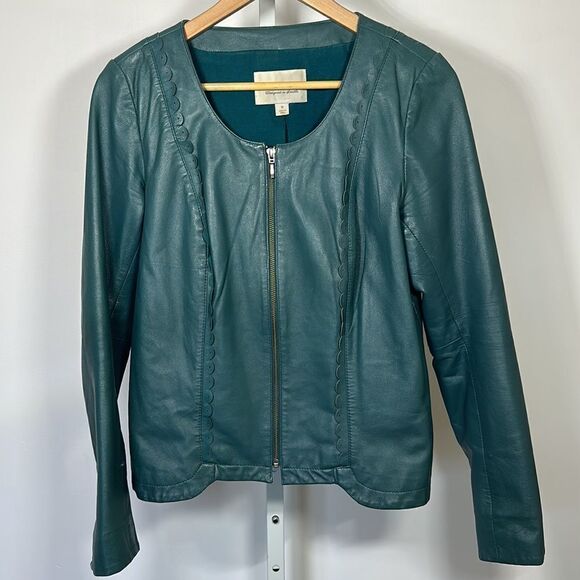 HINGE Women's Scalloped Zipper Front Soft Leather Jacket Teal Size Medium - Picture 2 of 14